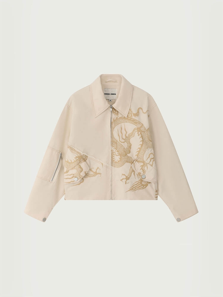Cream Cotton Dragon Embroidery Jacket