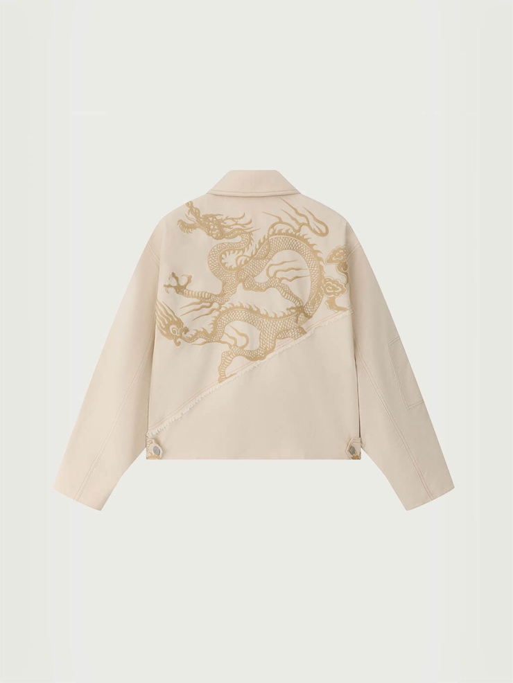 Cream Cotton Dragon Embroidery Jacket