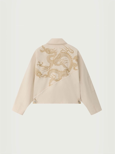 Cream Cotton Dragon Embroidery Jacket