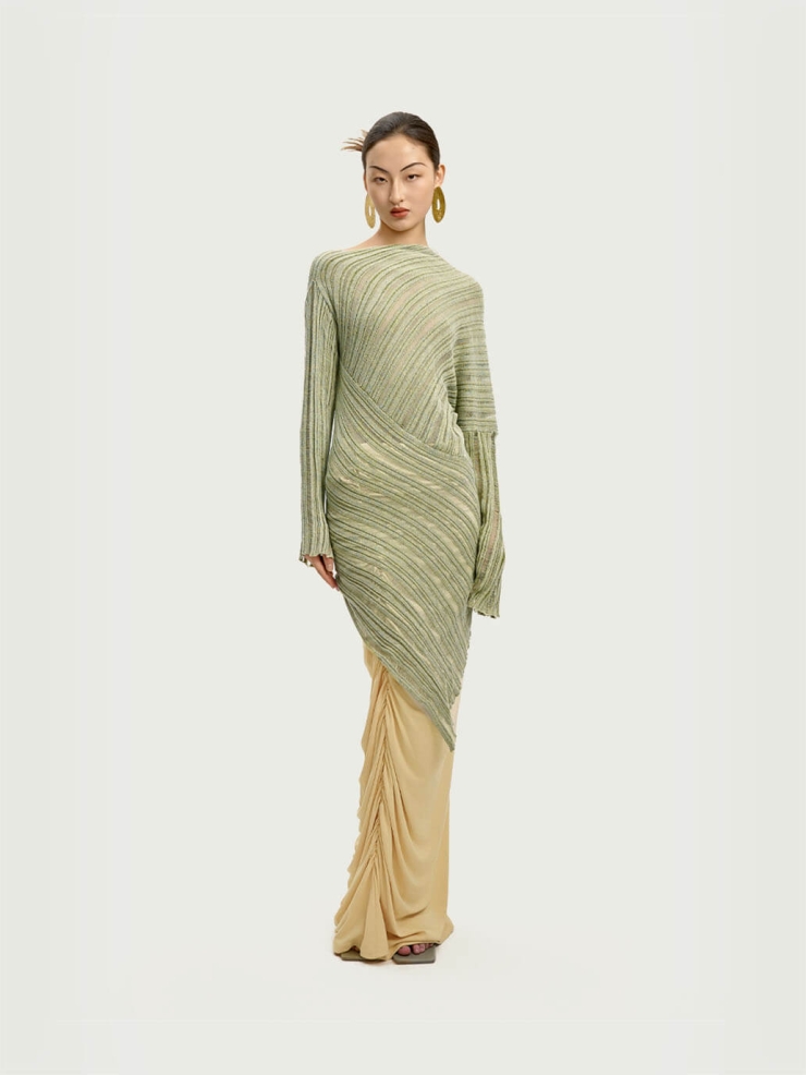 Green Drapery Distressed Knit Top