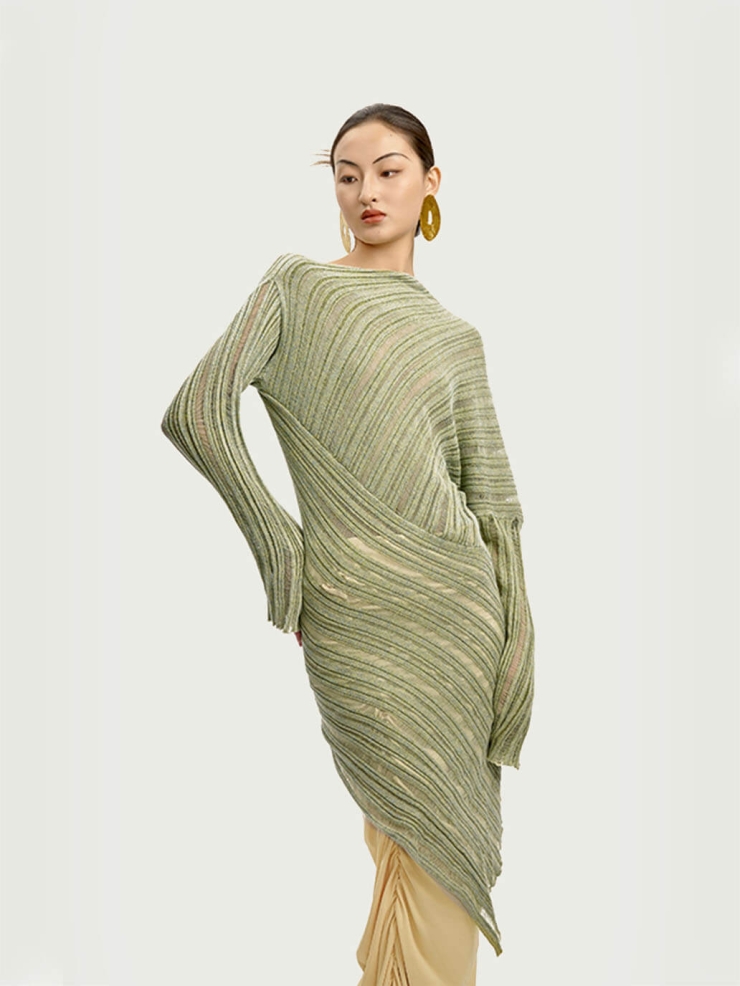 Green Drapery Distressed Knit Top