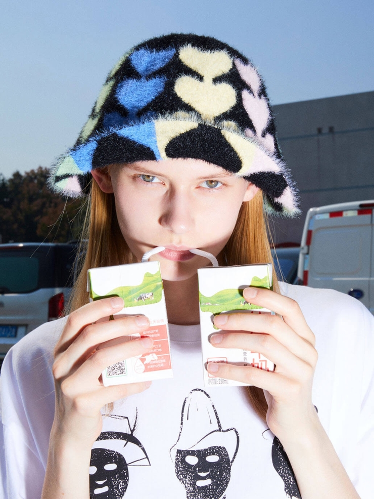 Black Rainbow Color Heart Knit Hat