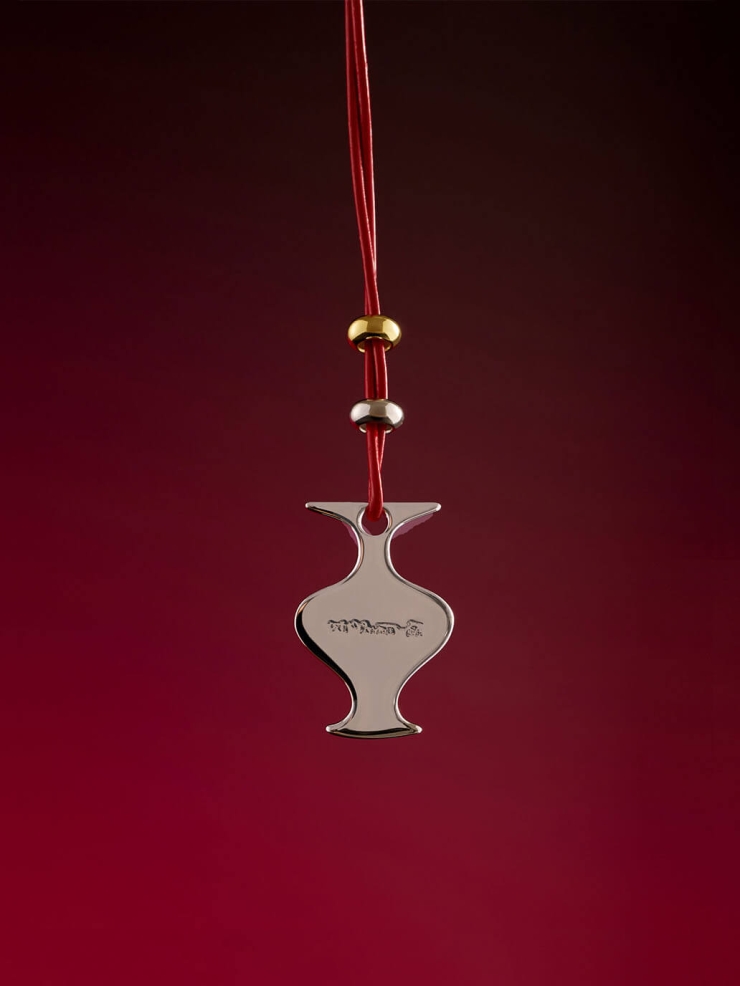 Red Mirror and Moon Leather Cord with White Gold Plating Necklace