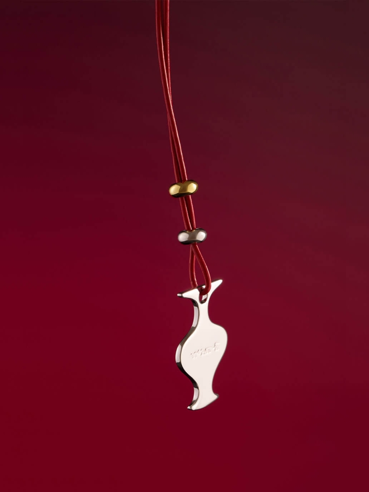 Red Mirror and Moon Leather Cord with White Gold Plating Necklace