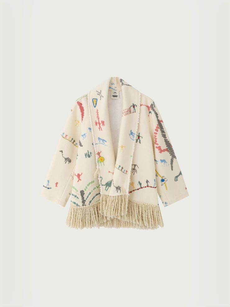 Beige Cangyuan Cliff Painting Printed and Embroidered Wool Draped Coat