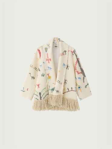 Beige Cangyuan Cliff Painting Printed and Embroidered Wool Draped Coat