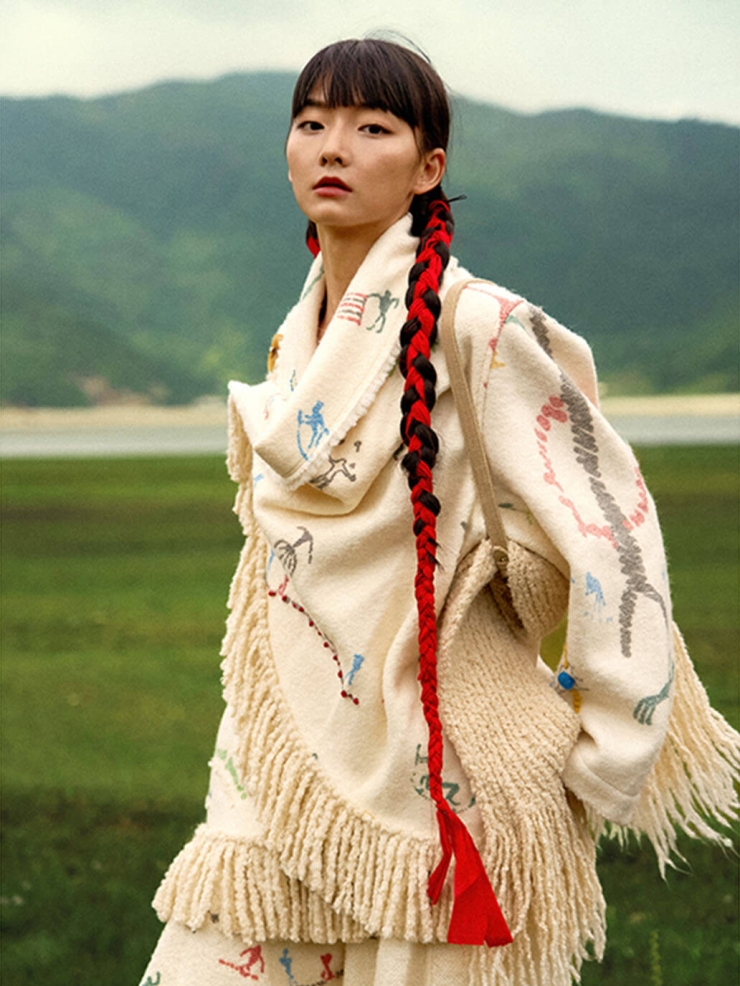 Beige Cangyuan Cliff Painting Printed and Embroidered Wool Draped Coat