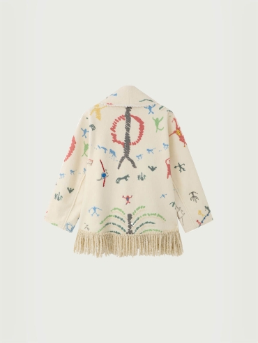 Beige Cangyuan Cliff Painting Printed and Embroidered Wool Draped Coat