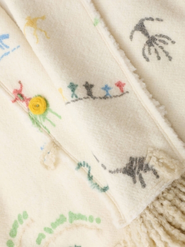 Beige Cangyuan Cliff Painting Printed and Embroidered Wool Draped Coat
