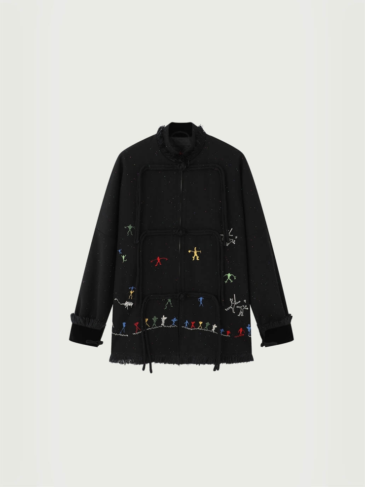 Black Cangyuan Cliff Painting Sequin Embroidered Chinese-Style Wool Jacket