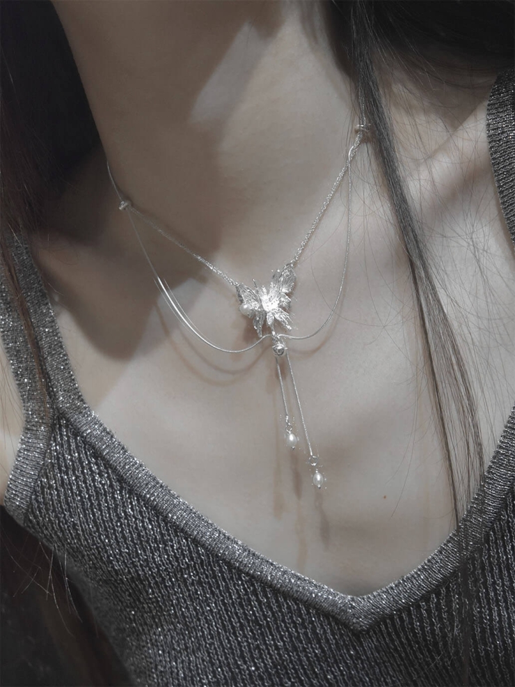 White Pearl Butterfly Necklace
