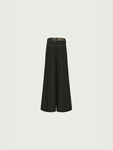 Olive Green Linen Belted Wide-Leg Pants