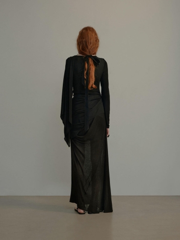 Black Knit Pleated Sheer Midi Skirt