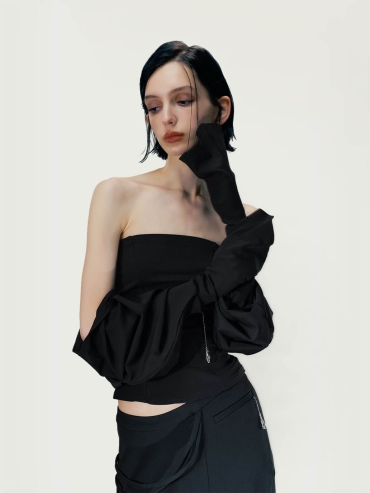 Ink Black Wide-Sleeve Bustier Top