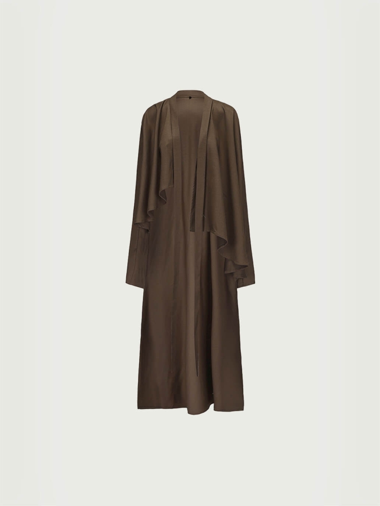 Sand Brown Silk Long Shirt Coat with Flowing Tie