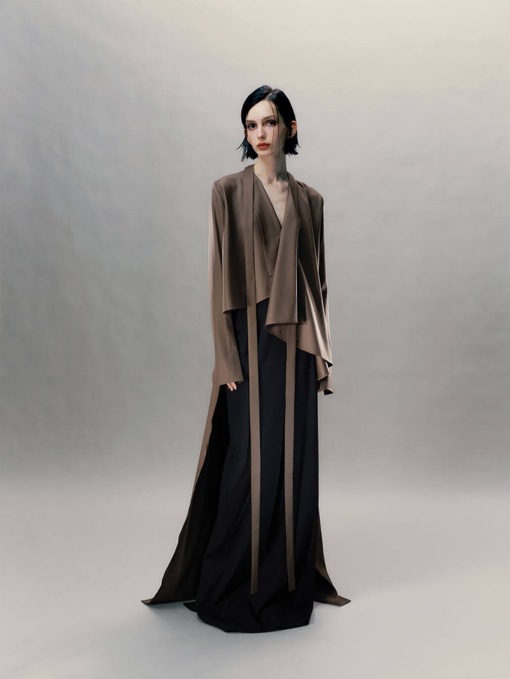 Sand Brown Silk Long Shirt Coat with Flowing Tie