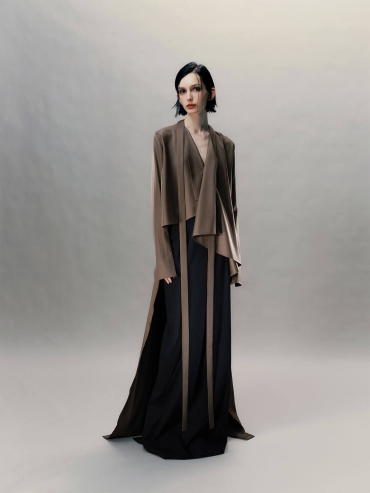 Sand Brown Silk Long Shirt Coat with Flowing Tie