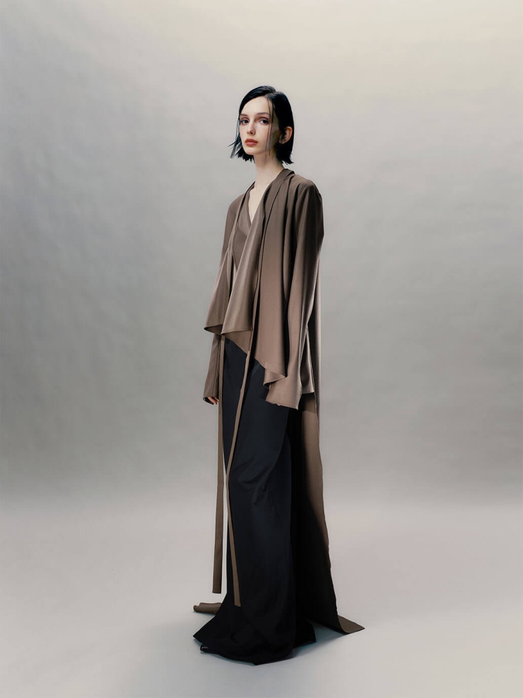 Sand Brown Silk Long Shirt Coat with Flowing Tie