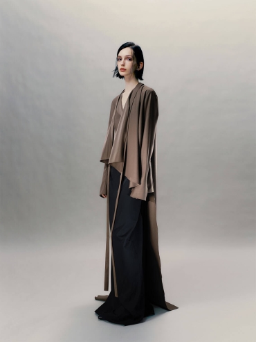 Sand Brown Silk Long Shirt Coat with Flowing Tie