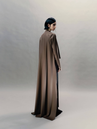 Sand Brown Silk Long Shirt Coat with Flowing Tie