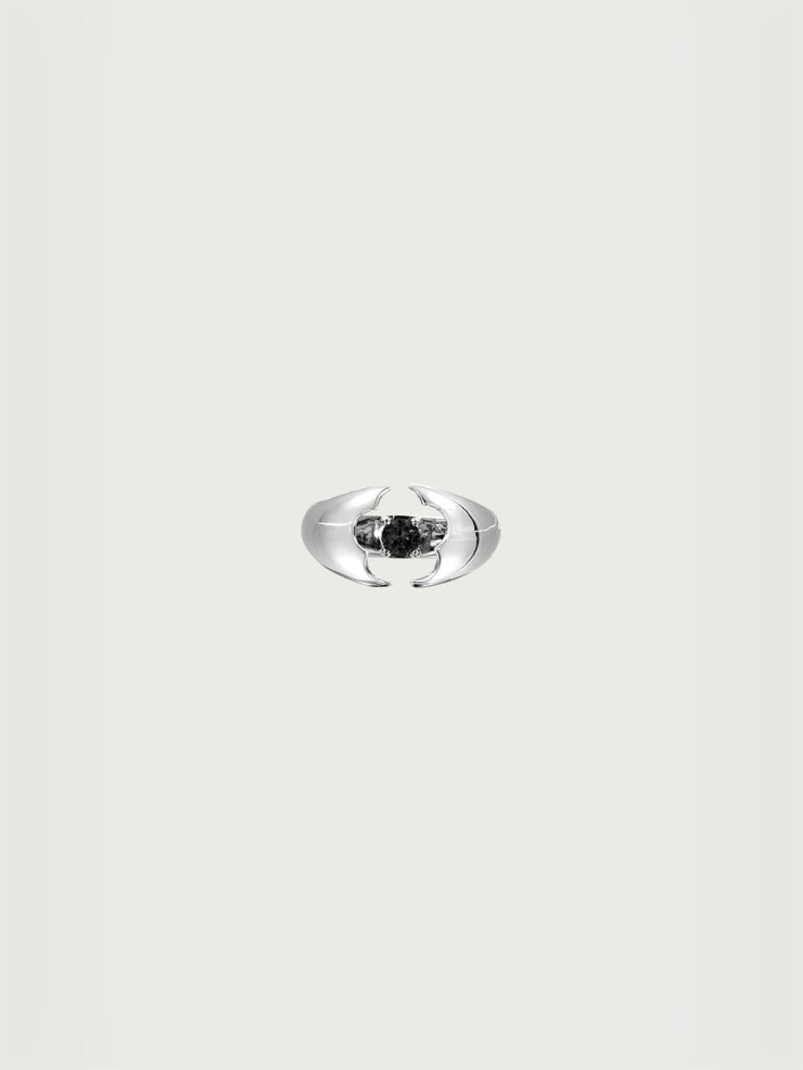 Silver Flower-Shaped Inlaid Black Diamond Open Ring