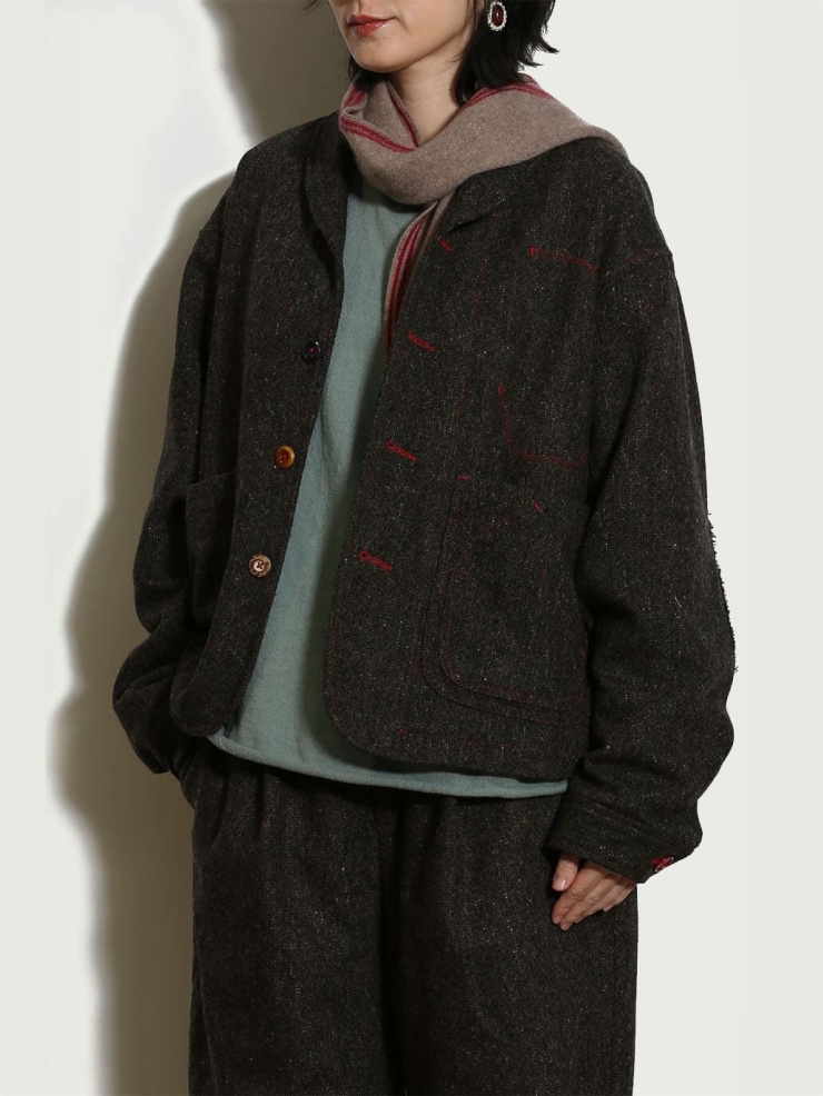 Black Tweed Wool Jacket with Notched Lapel