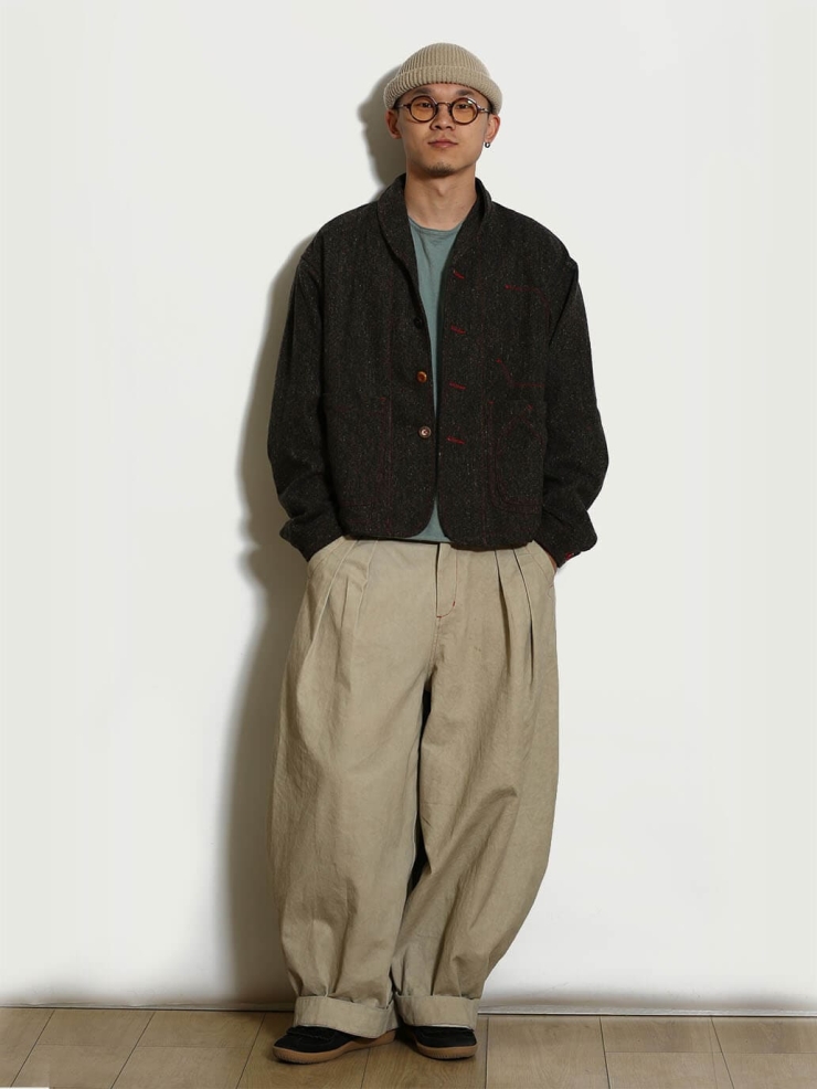 Black Tweed Wool Jacket with Notched Lapel