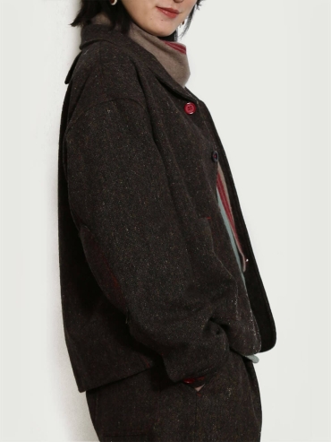 Black Tweed Wool Jacket with Notched Lapel