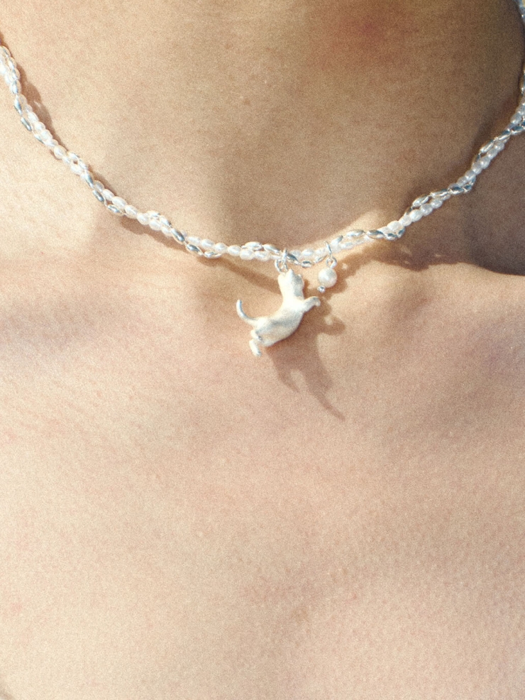Silver Cat Pearl Wrap Necklace