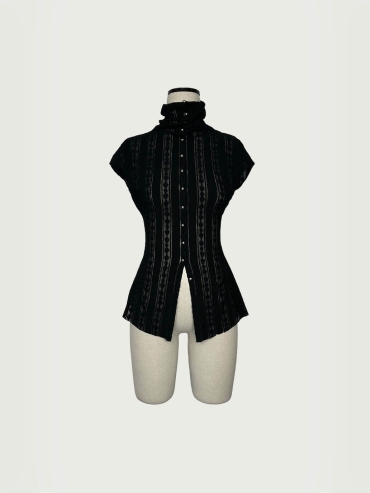 Black Off-Shoulder Drape-Neck Metal-Clasp Knit Short-Sleeve Cardigan Top