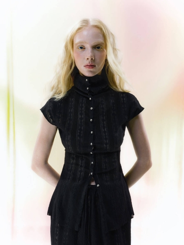 Black Off-Shoulder Drape-Neck Metal-Clasp Knit Short-Sleeve Cardigan Top