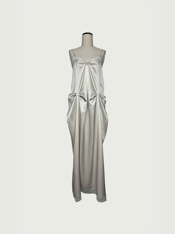 Beige Lace-Trim Asymmetric Draped Satin Dress