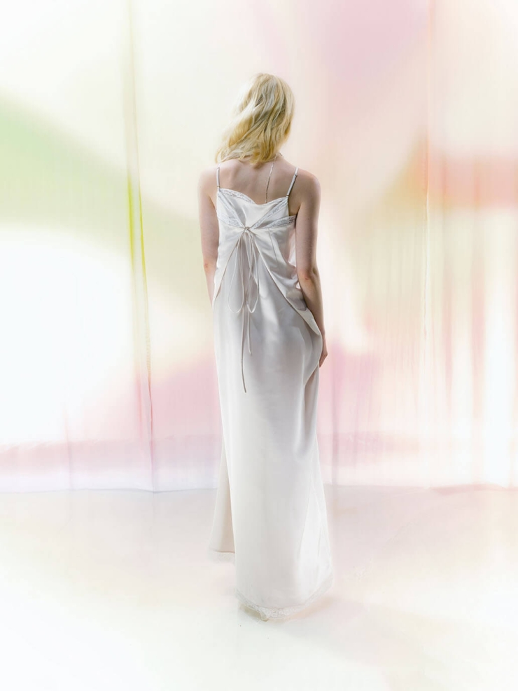 Beige Lace-Trim Asymmetric Draped Satin Dress