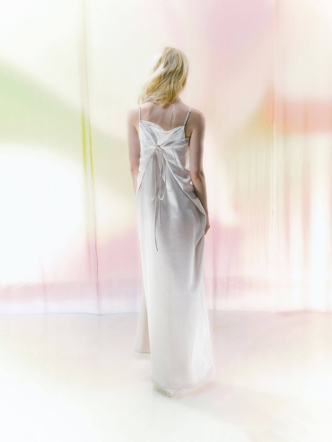 Beige Lace-Trim Asymmetric Draped Satin Dress
