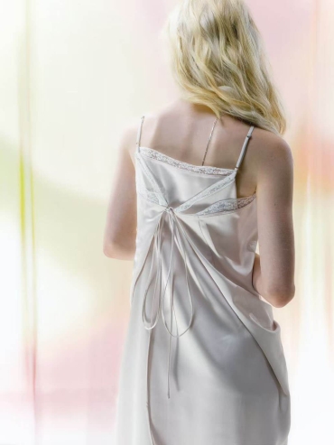 Beige Lace-Trim Asymmetric Draped Satin Dress