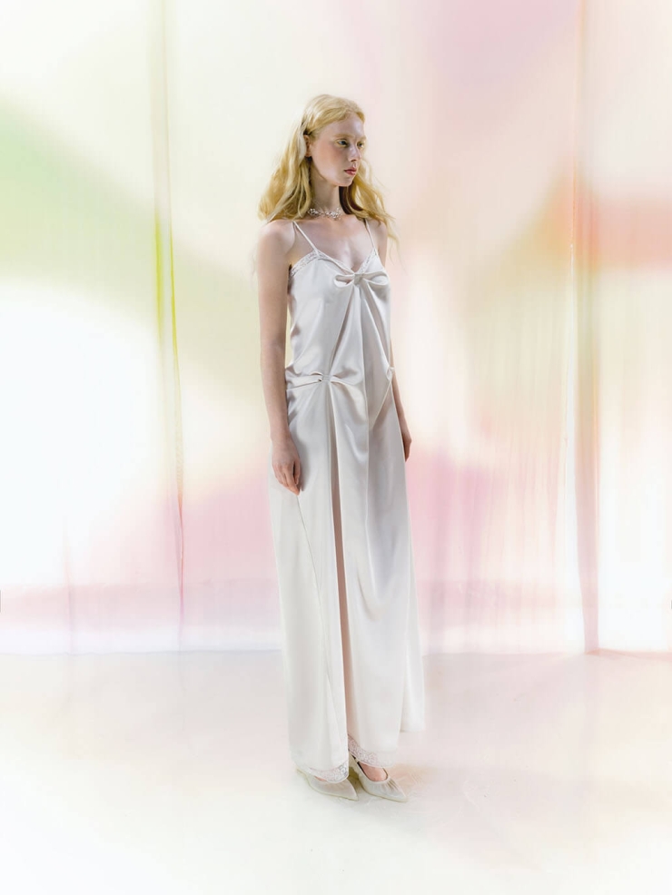 Beige Lace-Trim Asymmetric Draped Satin Dress