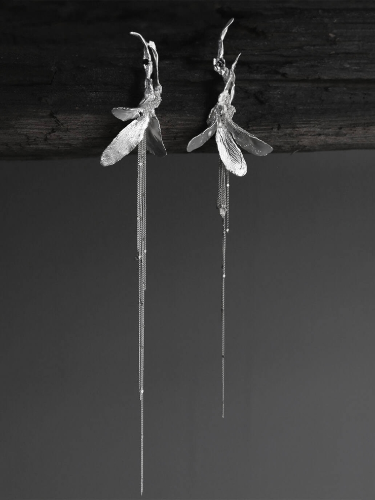 Silver dragon and knotted flower earring - single