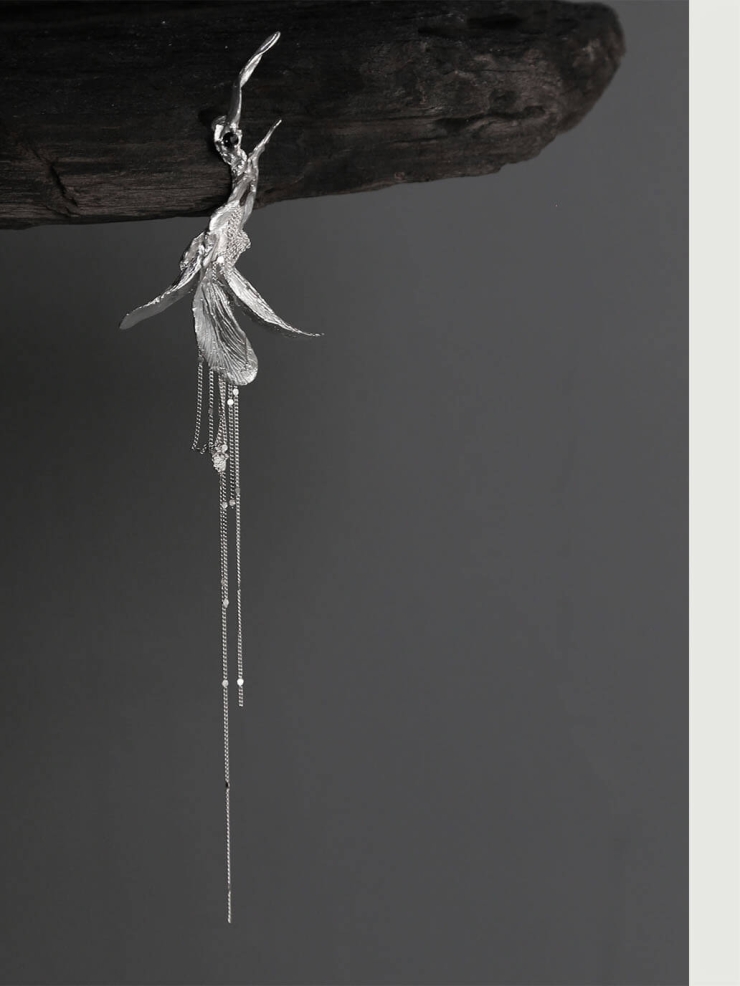 Silver dragon and knotted flower earring - single