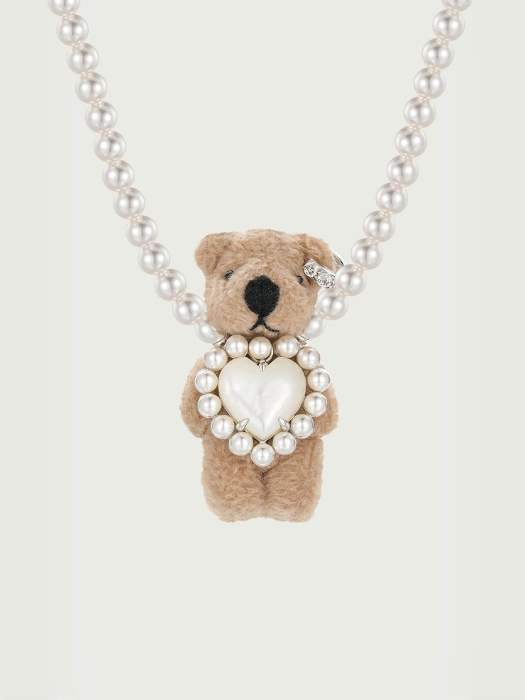 Brown Heart Mother of Pearl Bear Necklace