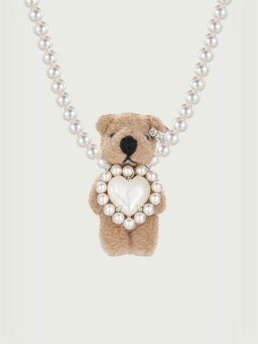 Brown Heart Mother of Pearl Bear Necklace