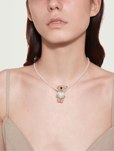 Brown Heart Mother of Pearl Bear Necklace
