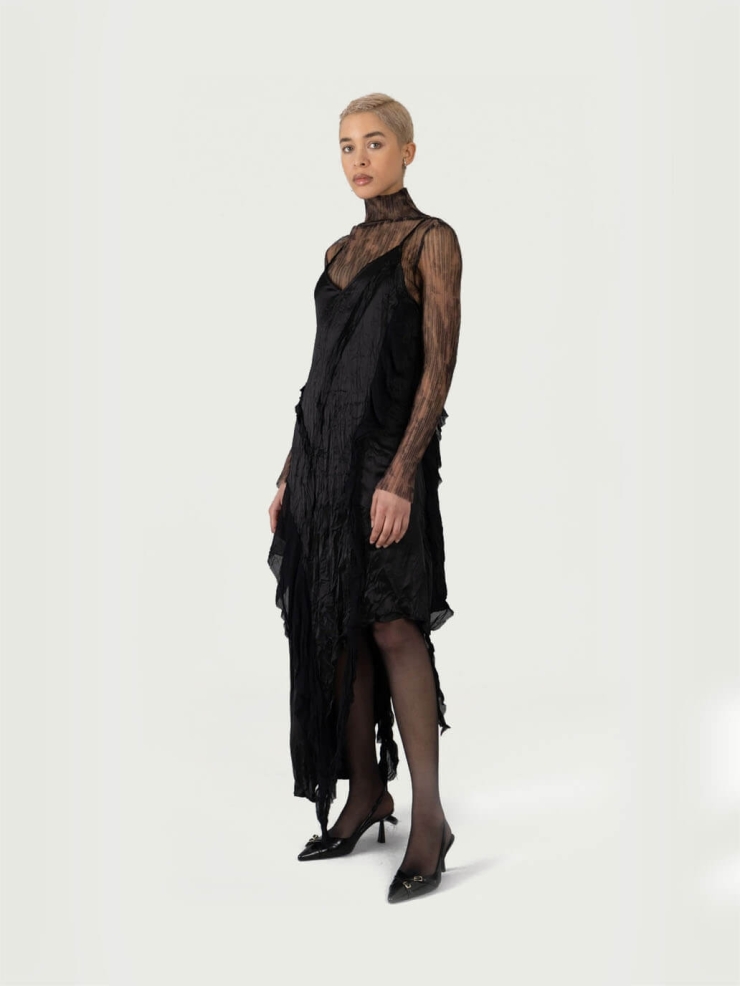 Black Asymmetric Satin Crinkle Dress