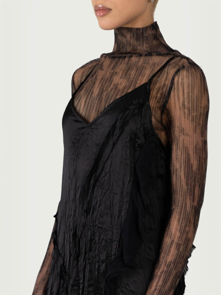 Black Asymmetric Satin Crinkle Dress