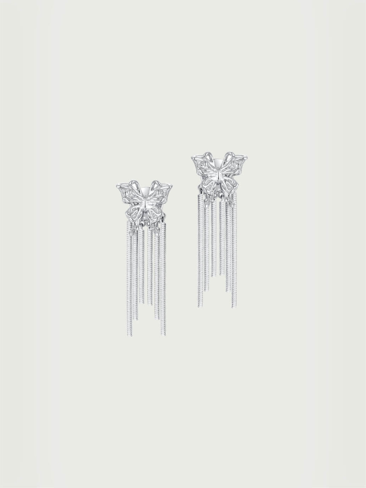 Silver tassel butterfly earrings