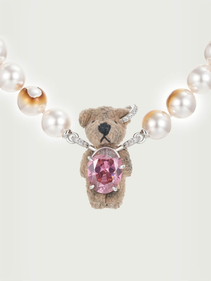 Pink Broken Plush Bear Pearl Necklace