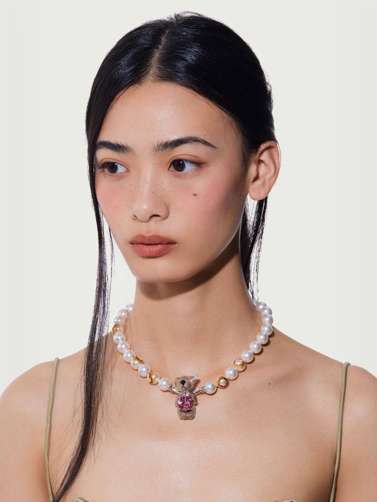 Pink Broken Plush Bear Pearl Necklace