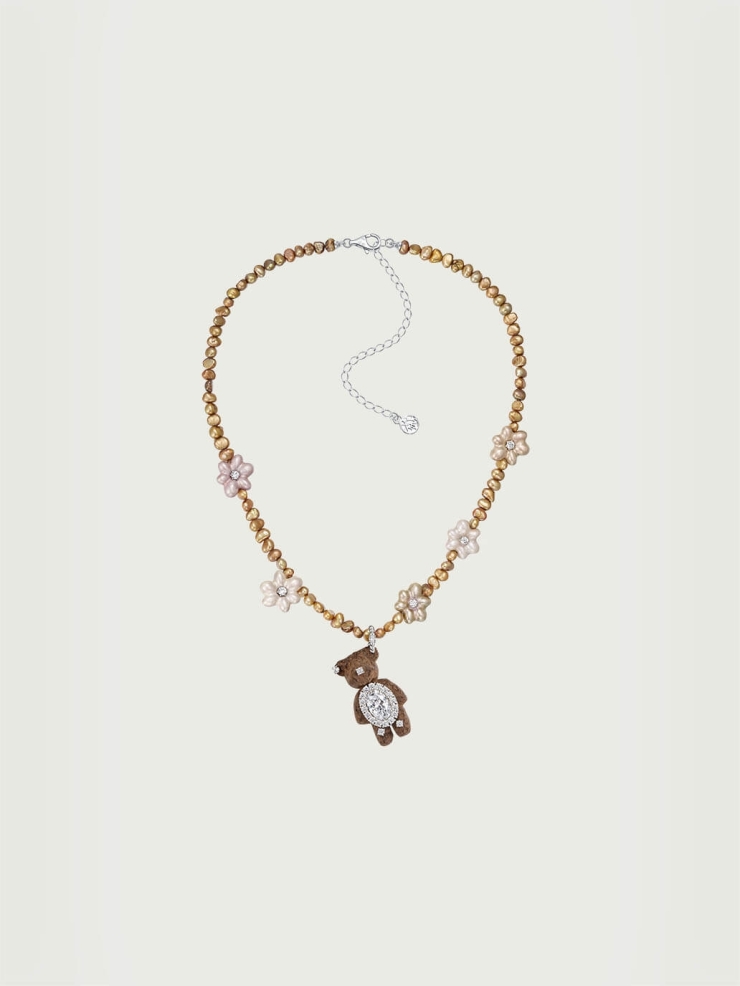 Brown Wooden Bear Pearl Necklace