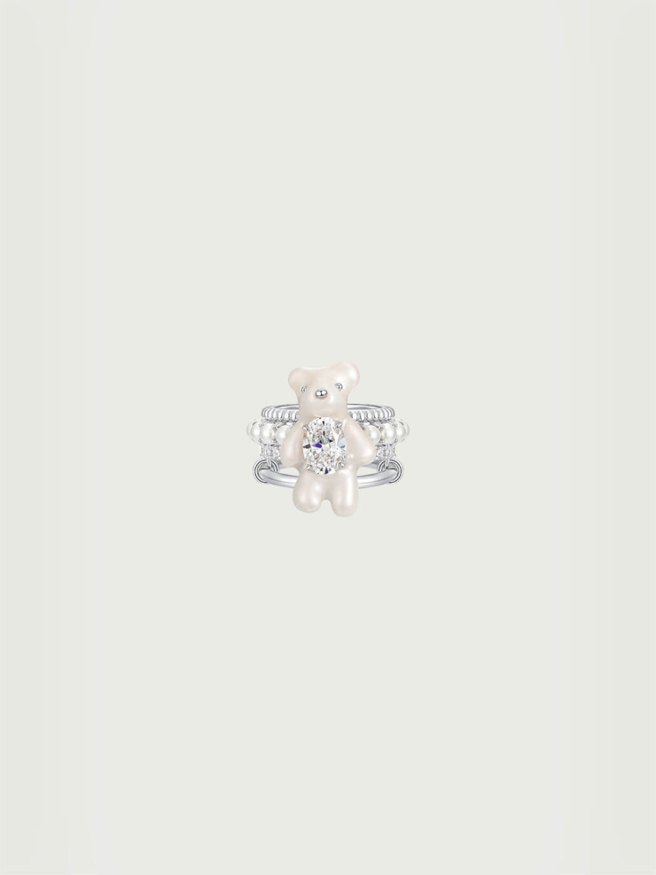 White Mini Bear Multi-Layered Pearl and Gemstone Ring