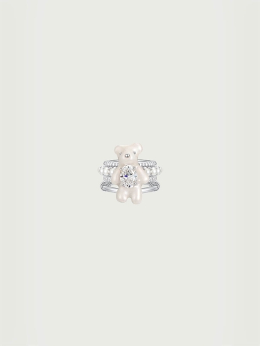 White Mini Bear Multi-Layered Pearl and Gemstone Ring