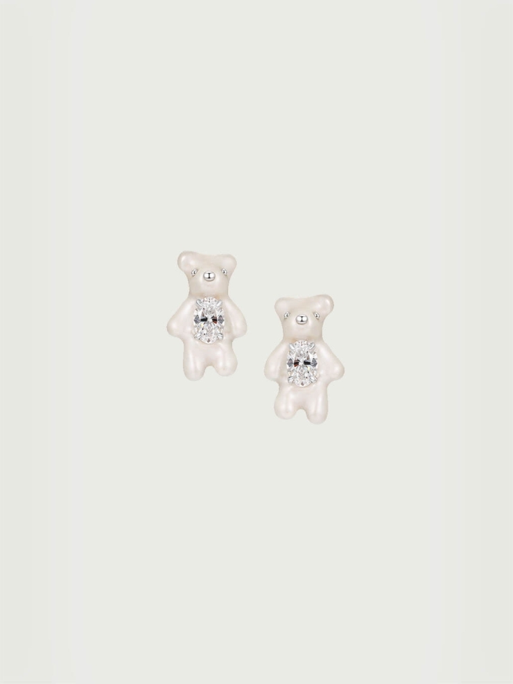 White Mini Pearl Bear Earrings - Small